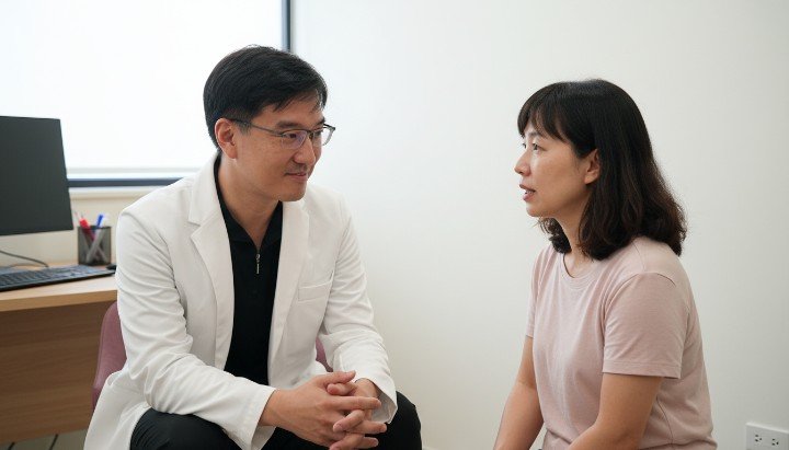 醫師在診間向患者說明口腔過敏症候群的成因 各種容易引發口腔過敏症候群的生鮮水果切片圖 顯微鏡下的花粉與口腔過敏症候群蛋白交叉反應圖 患者在診所進行口腔過敏症候群相關之IgE檢測