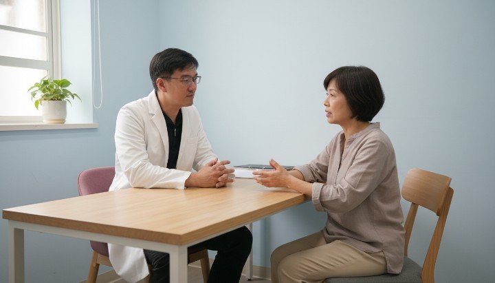 1. 凌晨三點醒來的鬧鐘與感到焦慮的早醒症狀。 2. 吳紹琥醫師正在門診分析早醒患者的睡眠病因。 3. 描述憂鬱症引起生理時鐘紊亂導致早醒的圖表。 4. 民眾諮詢專業醫療團隊改善長期早醒困擾的情境。