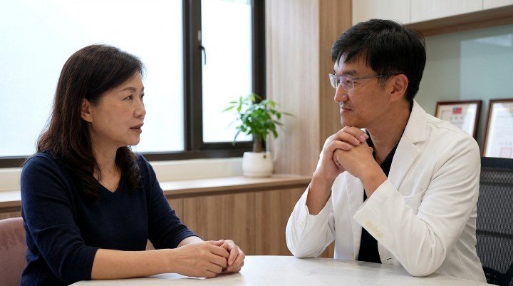 PLLA（童顏針）與PCL（艾麗斯）膠原蛋白增生劑差異示意圖 玻尿酸與膠原蛋白增生劑作用原理比較圖 吳紹琥醫師詳細解說PLLA與PCL成分的特性與適用情境 患者與吳醫師諮詢適合的膠原蛋白增生劑療程情境 法瑞診所（Fairy Clinic）醫美專業形象照