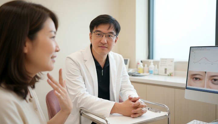 專業醫師諮詢不開刀消除眼袋建議 玻尿酸填補淚溝與不開刀消除眼袋 眼部特寫展示不開刀消除眼袋效果 萊攸診所環境與不開刀消除眼袋療程