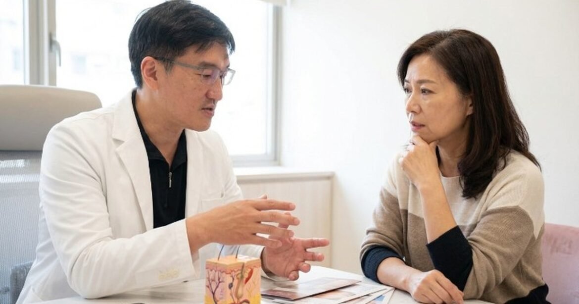 吳紹琥醫師正在講解腋下異味狐臭改善方法的圖片，金色燈光下清晰可見