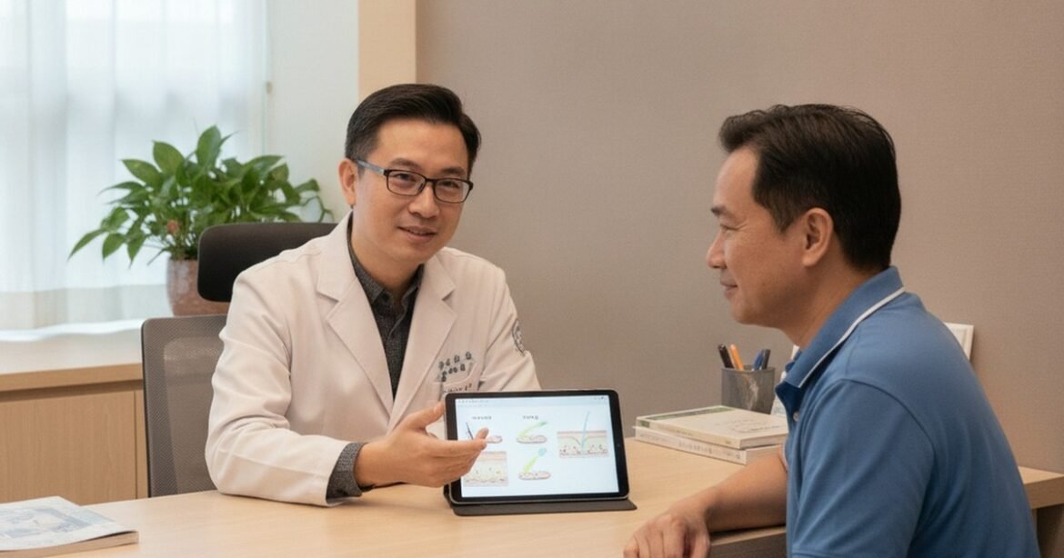 吳芮醫師講解膠原蛋白增生針的疼痛管理與術後照護。