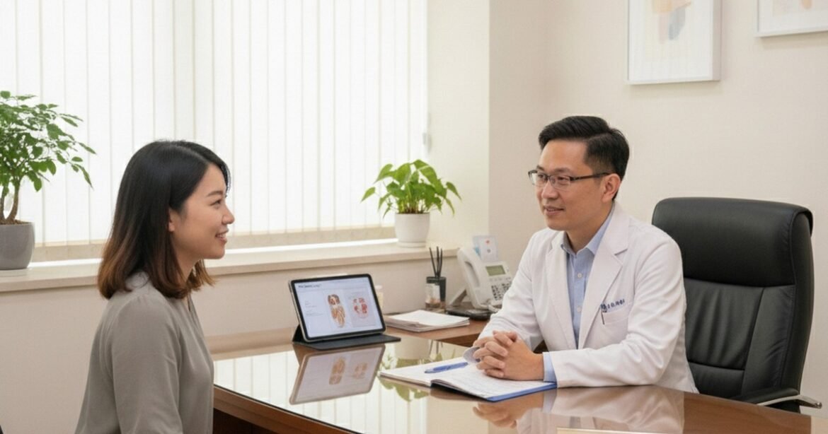 吳芮醫師推薦安全重點心得，醫師正在使用頭皮檢測儀器評估毛囊狀況。